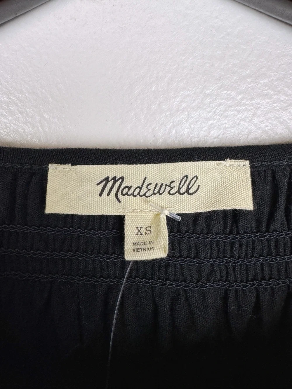 Madewell Smocked Cotton Boatneck Puff Sleeves Slim Fit Top Black Size XS NWT